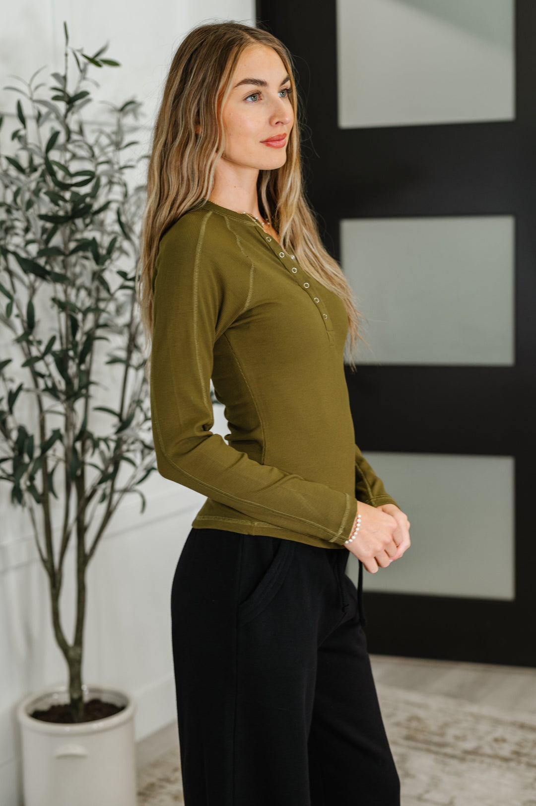 Effortless Edge Knit Henley Top in Camo Green | Womens Daverri Fashions