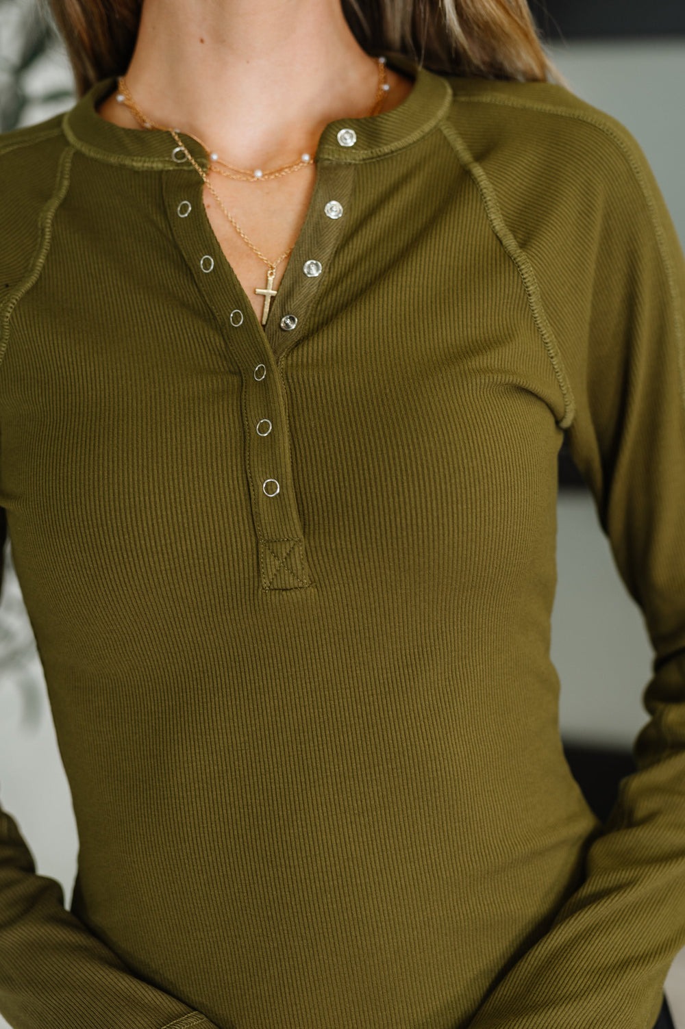 Effortless Edge Knit Henley Top in Camo Green | Womens Daverri Fashions