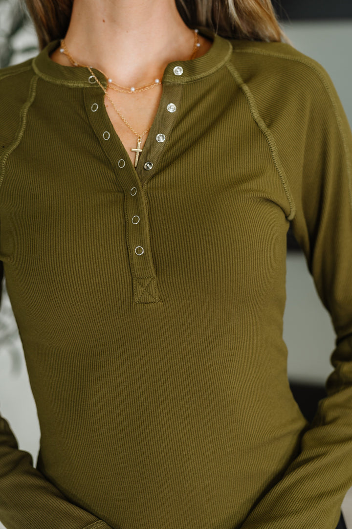 Effortless Edge Knit Henley Top in Camo Green | Womens Daverri Fashions