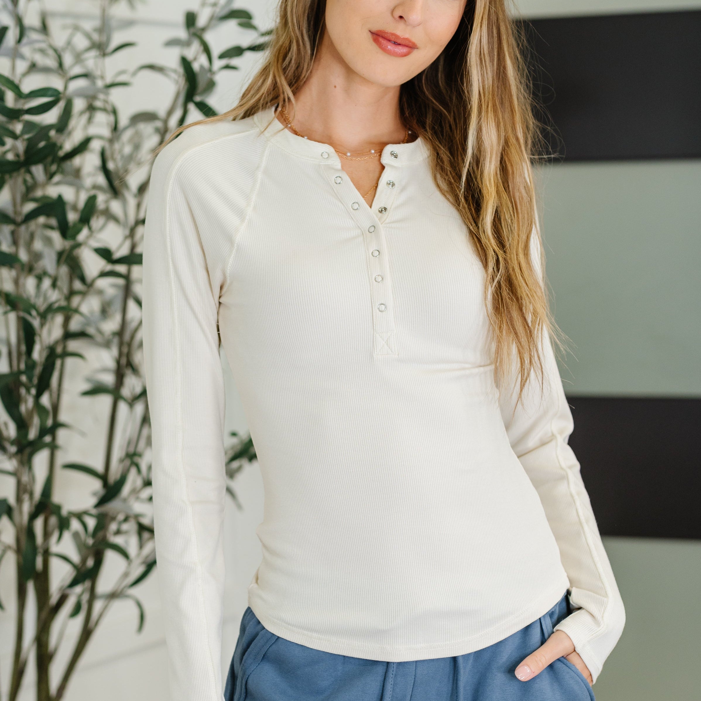 Effortless Edge Knit Henley Top in Natural | Womens Daverri Fashions