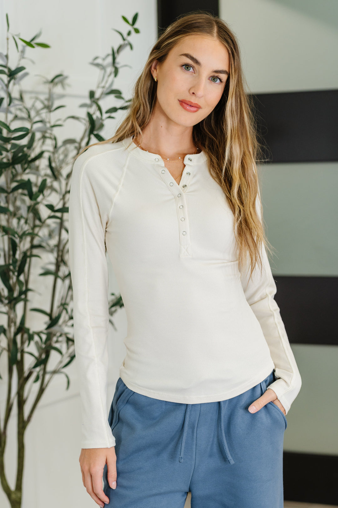 Effortless Edge Knit Henley Top in Natural | Womens Daverri Fashions