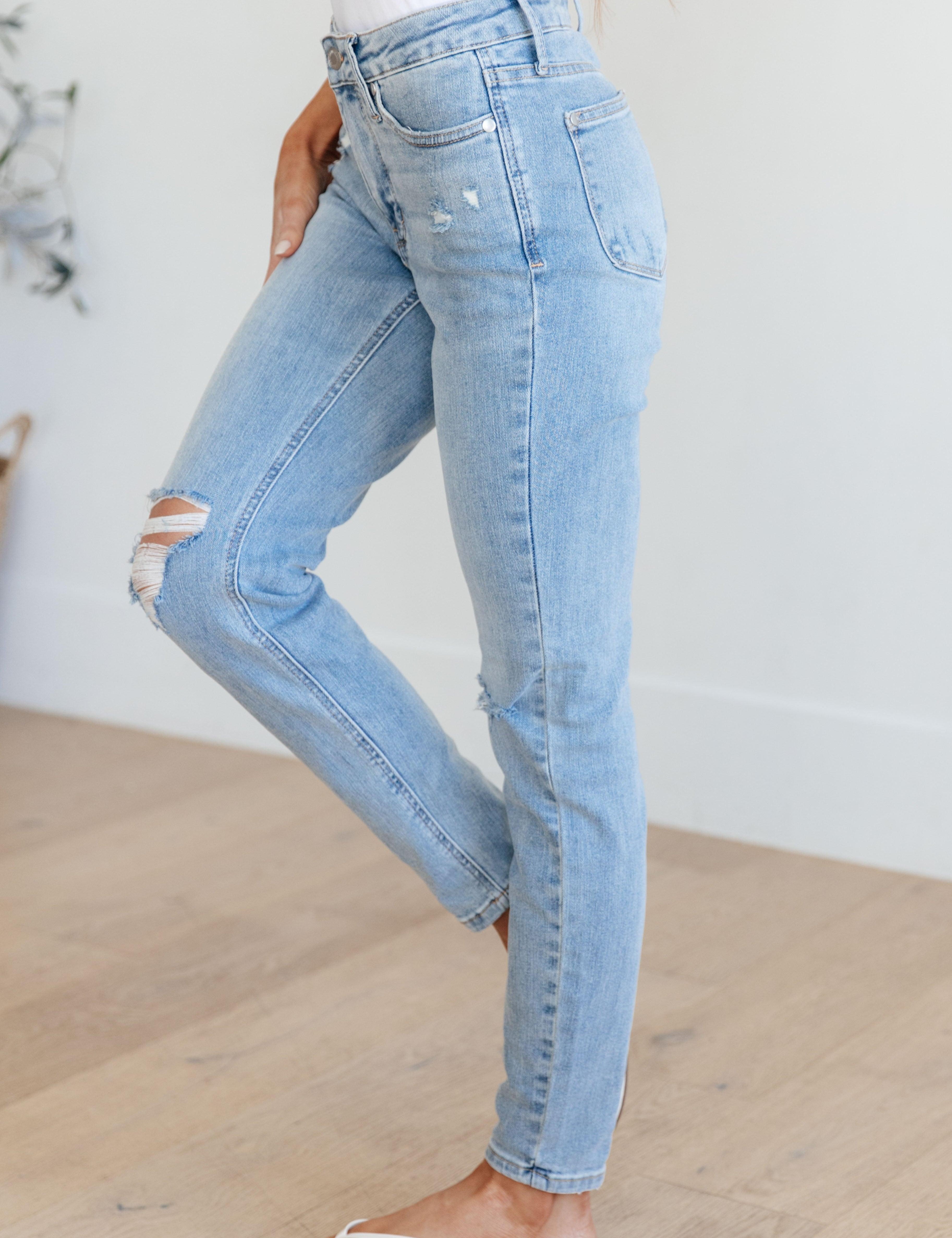 Eloise Mid Rise Control Top Distressed Skinny Jeans Jeans