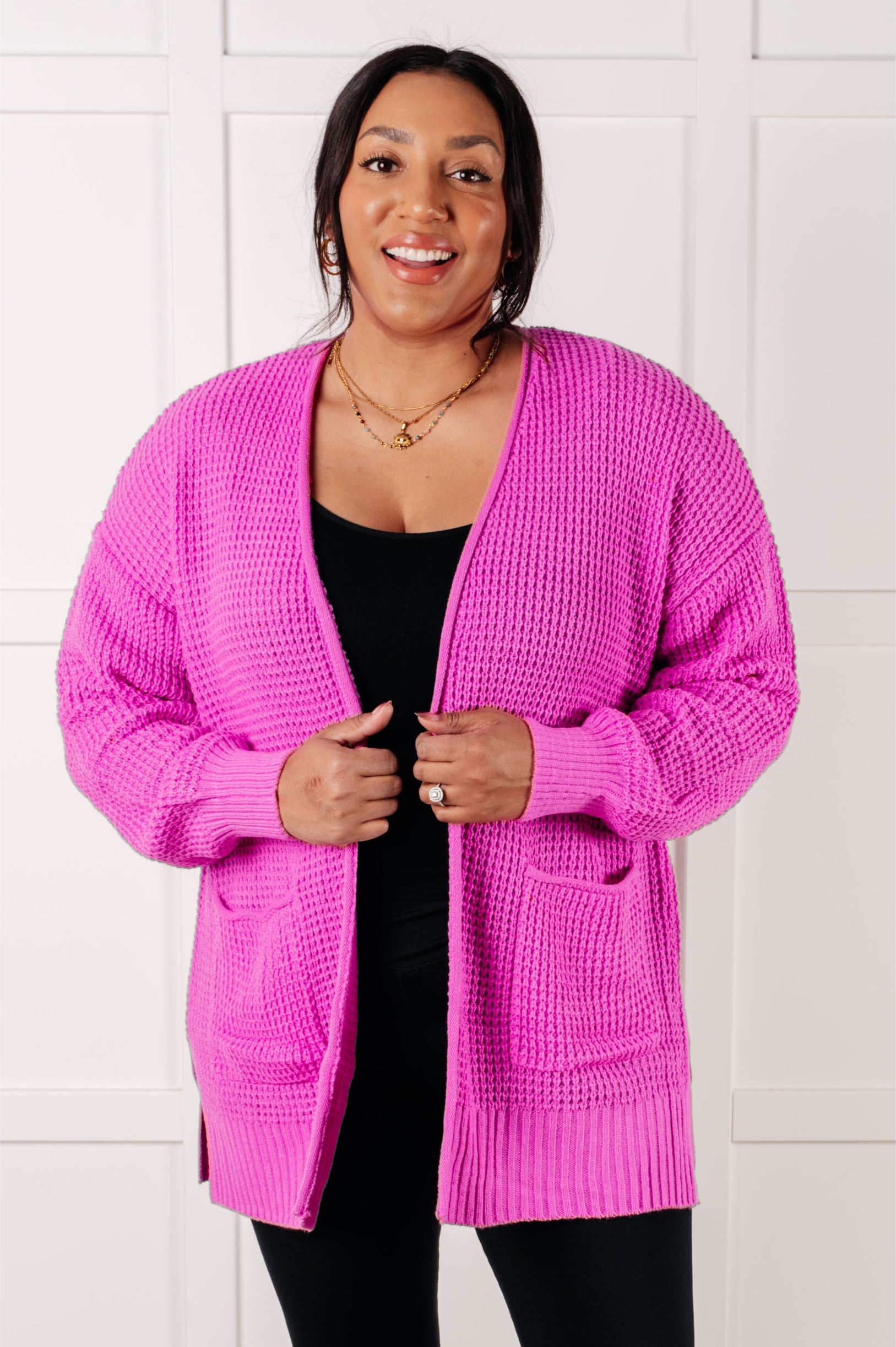 Everything Layer Waffle Knit Open Front Cardigan in Bright Mauve Cardigans