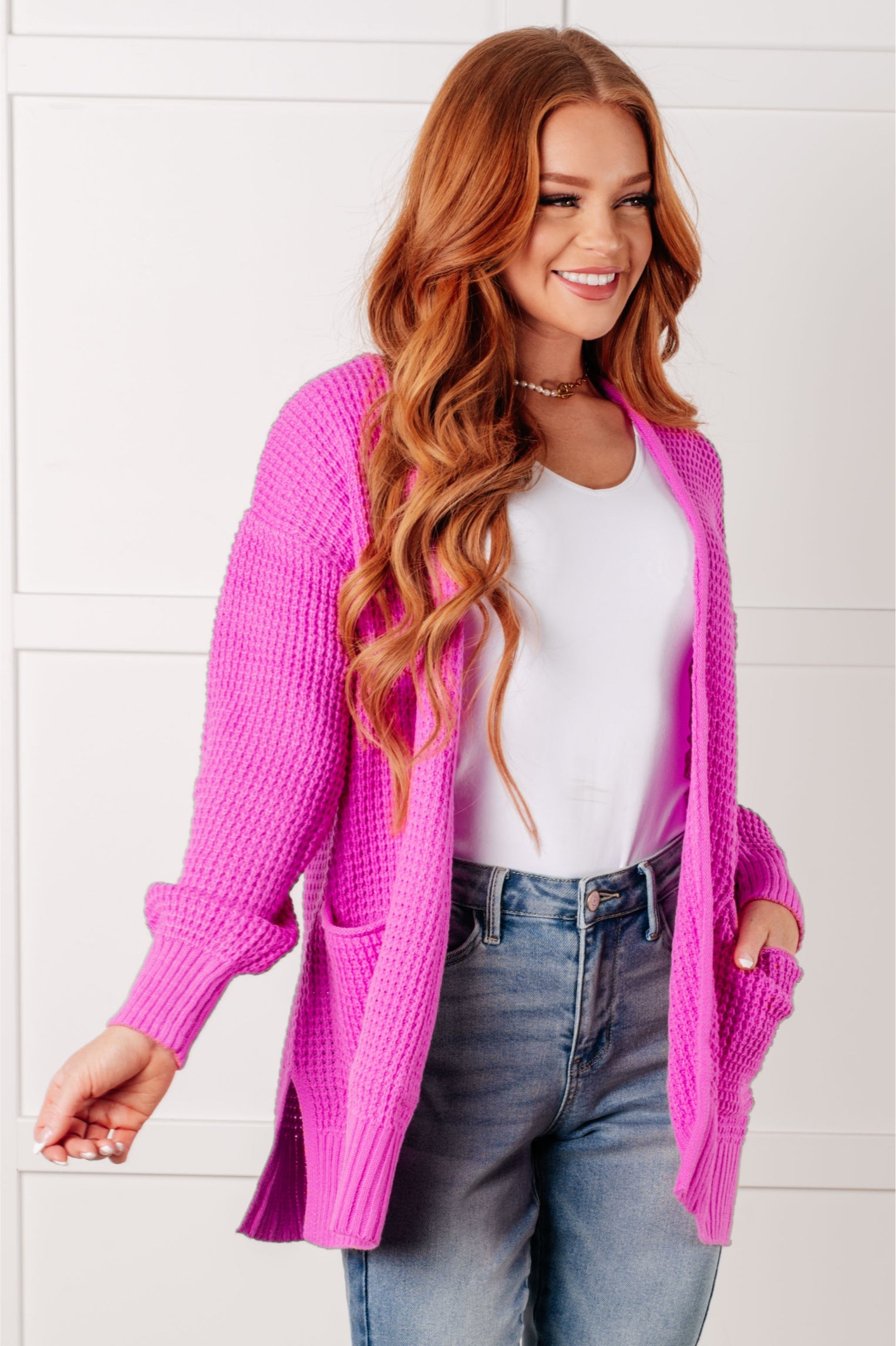 Everything Layer Waffle Knit Open Front Cardigan in Bright Mauve Cardigans