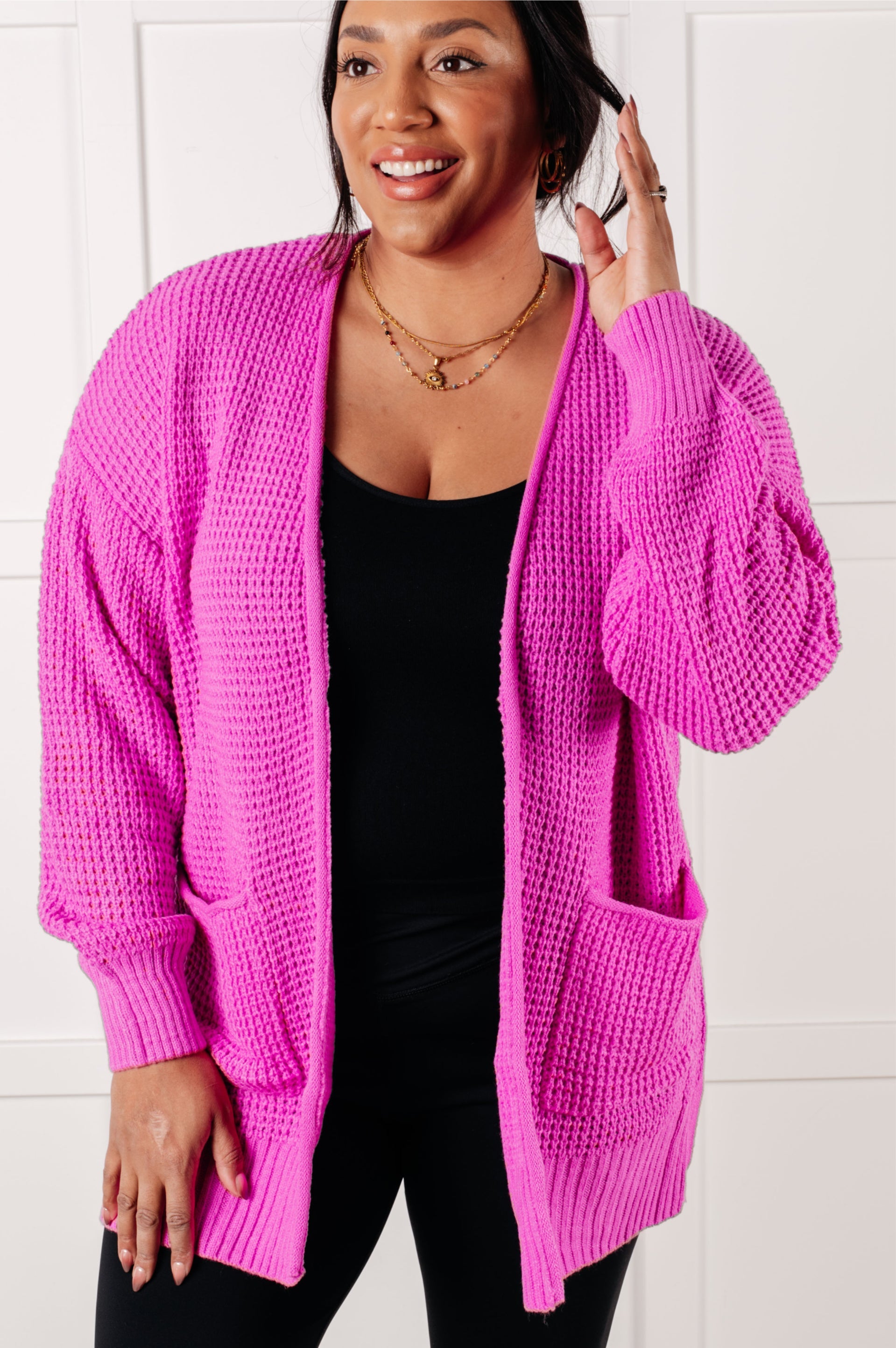 Everything Layer Waffle Knit Open Front Cardigan in Bright Mauve Cardigans