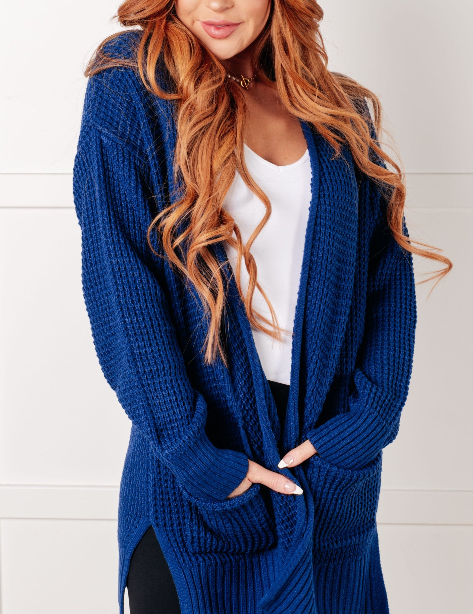 Everything Layer Waffle Knit Open Front Cardigan in Light Navy Layers