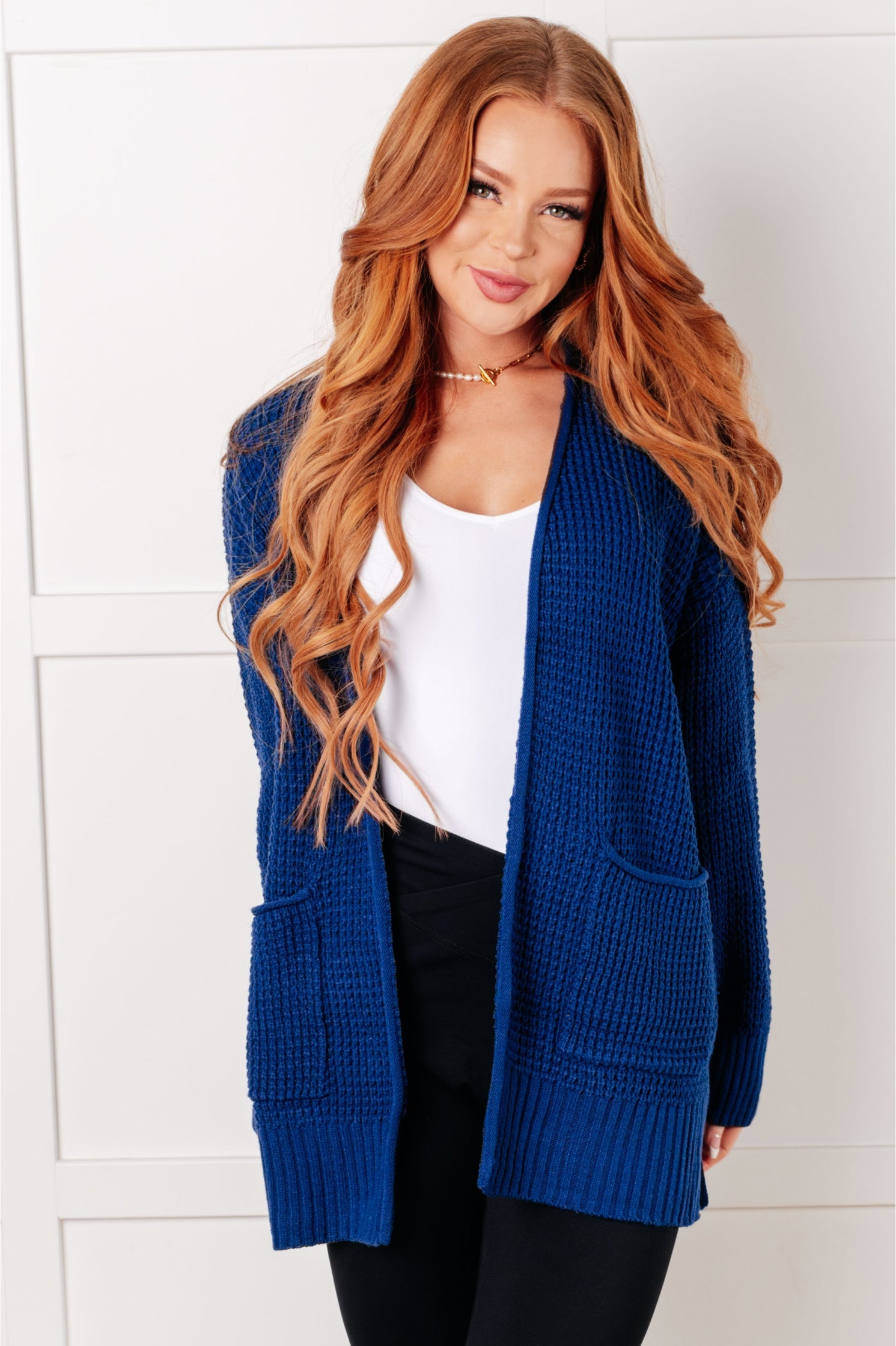 Everything Layer Waffle Knit Open Front Cardigan in Light Navy Layers