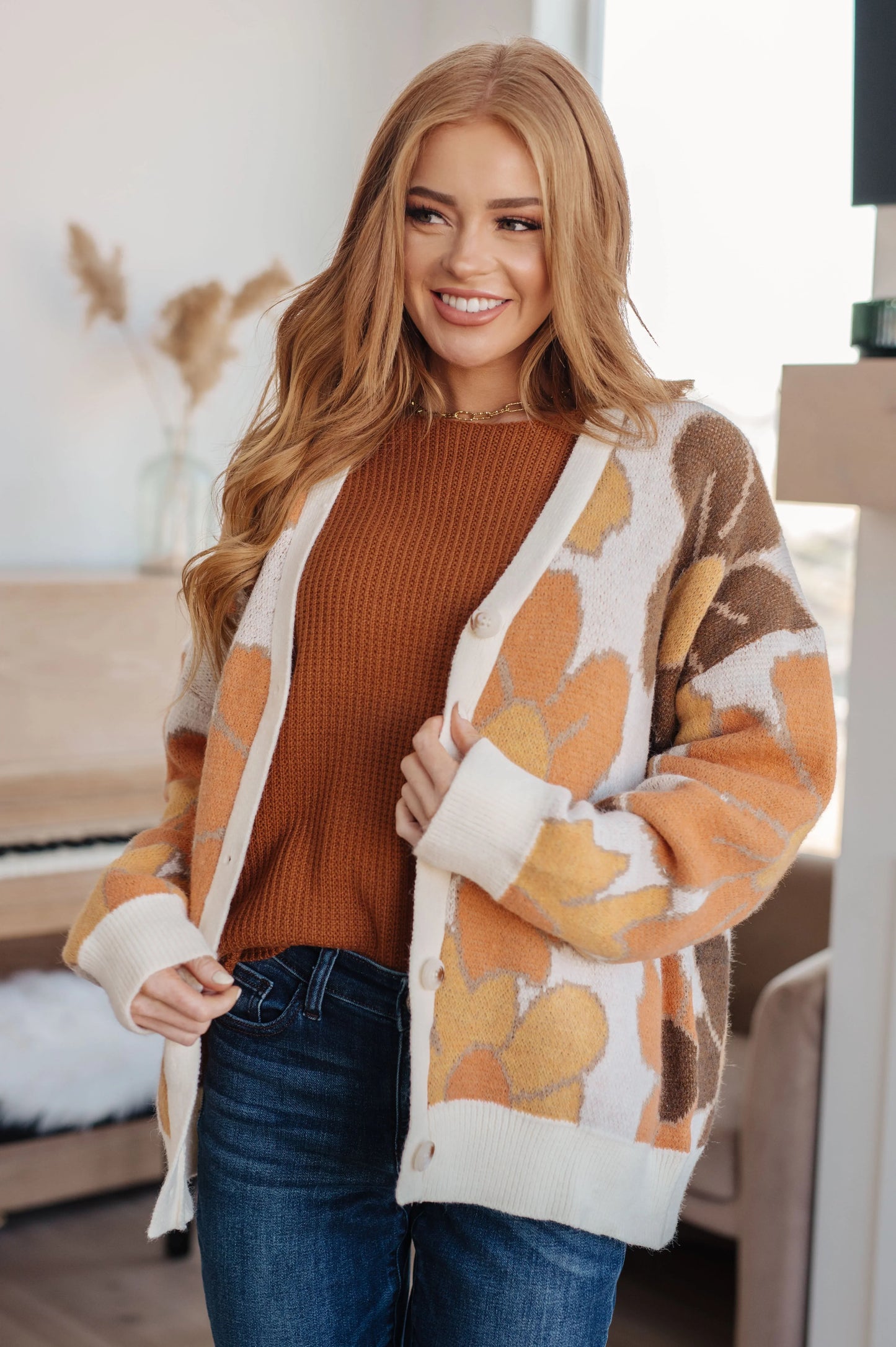 Rust Lotta Love knitted sweater top with cream orange heart pattern