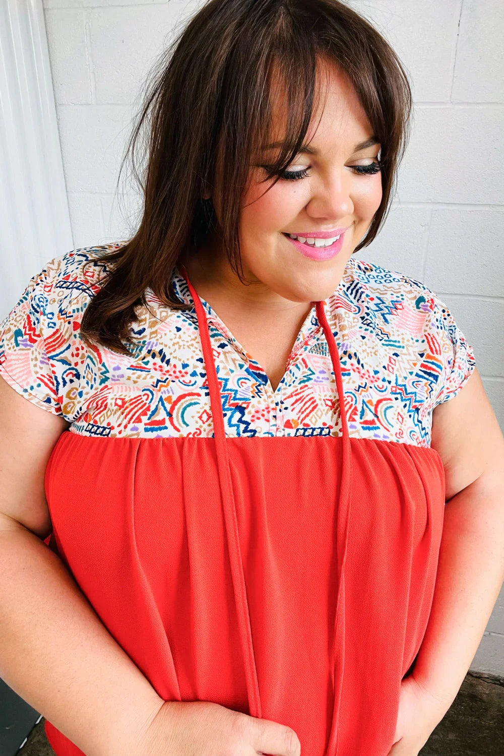 Red and white floral plus size empire waist boho blouse