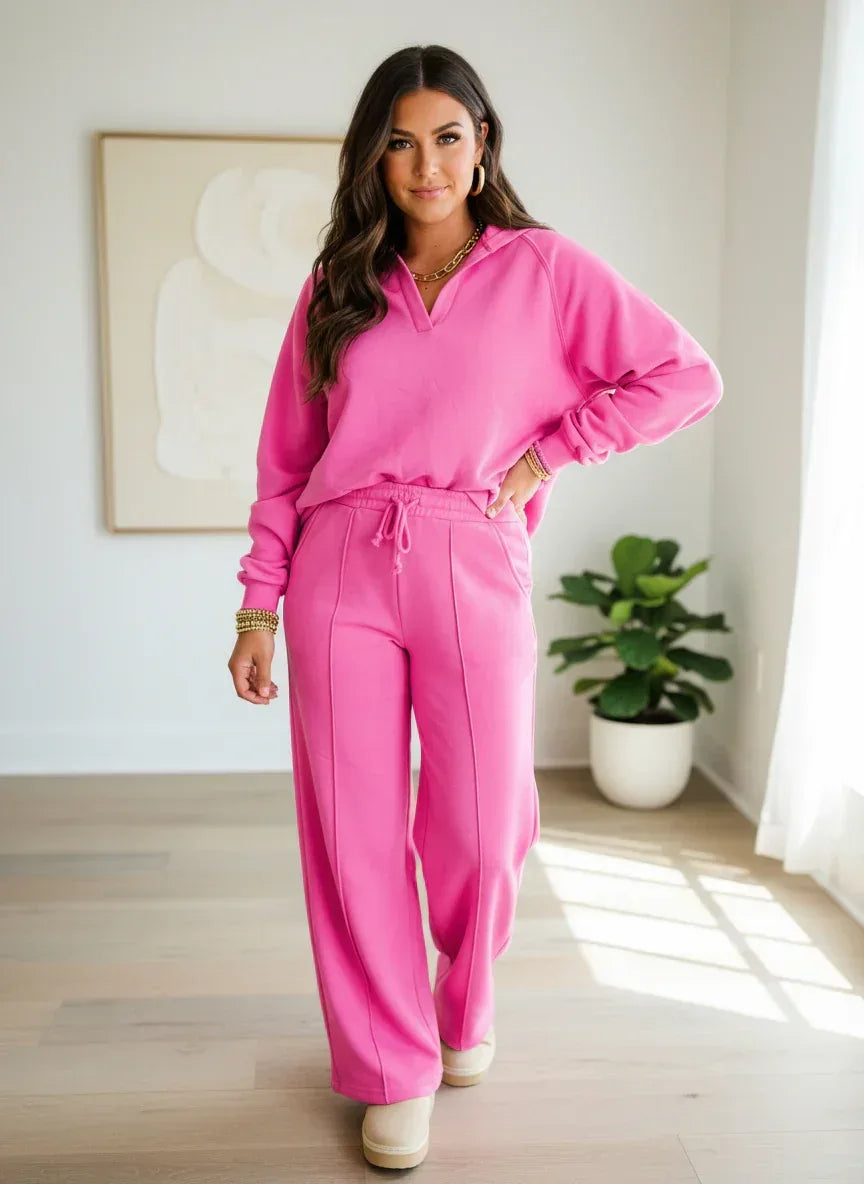 Daverri Fashions Solid Color Collared Pullover and Central Seam Pants Set - DAVERRI FASHIONS