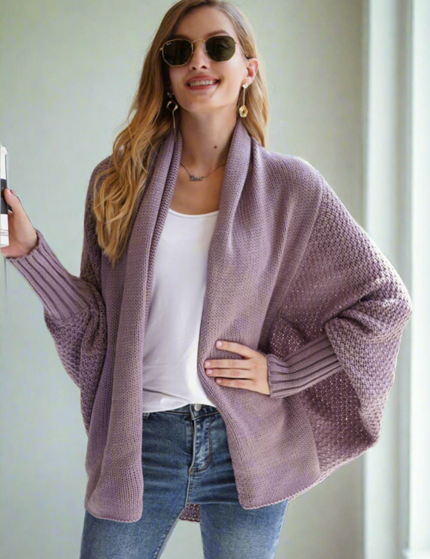 Purple One Size Dolman Sleeve Open Front Ribbed Trim Longline Cardigan | Cardigans Daverri Fashions