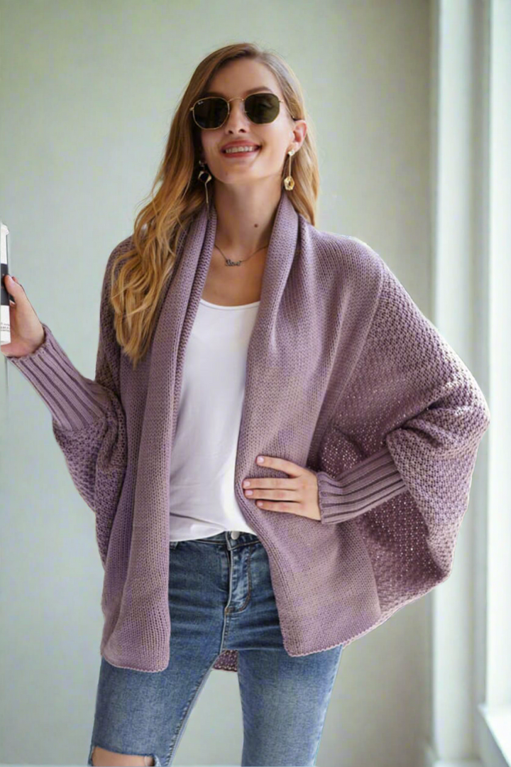 Purple One Size Dolman Sleeve Open Front Ribbed Trim Longline Cardigan | Cardigans Daverri Fashions