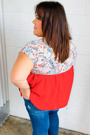 Red and white floral plus size boho print tie neck dolman top