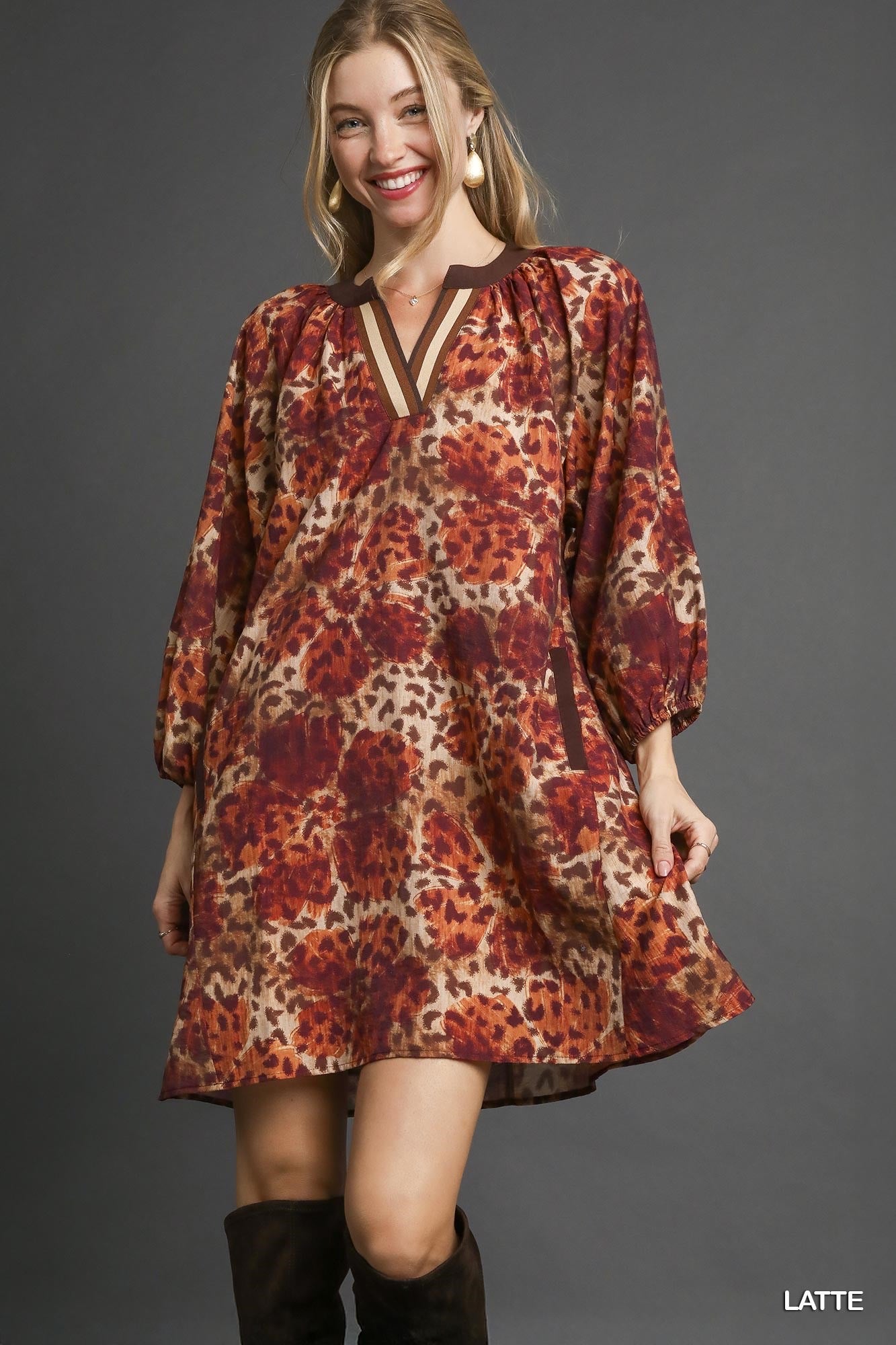 Umgee boho tunic dress in floral animal print with earthy tones and trim
