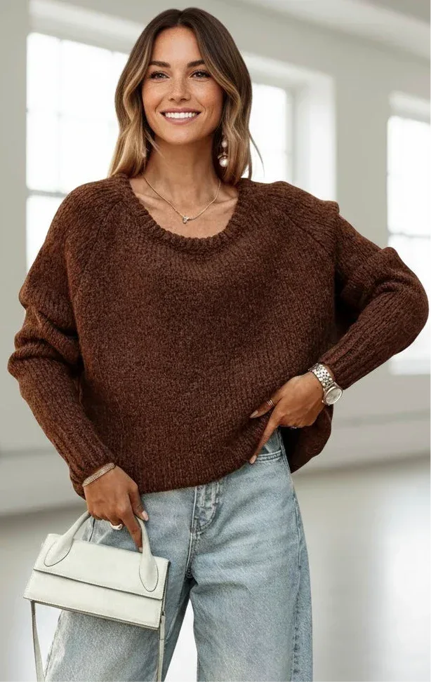 Round Neck Drop Shoulder Sweater - DAVERRI FASHIONS