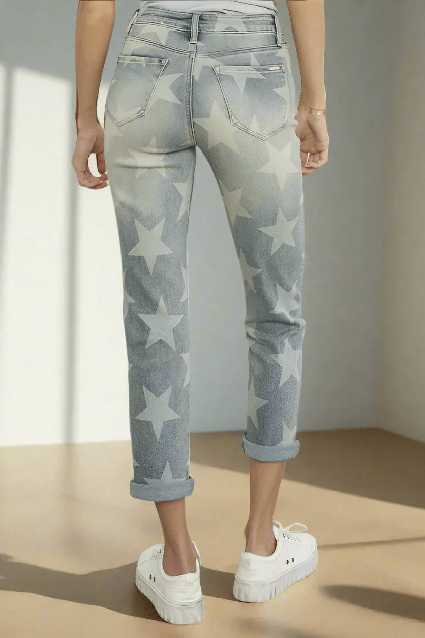 Insane Gene High Rise Star Print Cropped Girlfriend Jeans - DAVERRI FASHIONS
