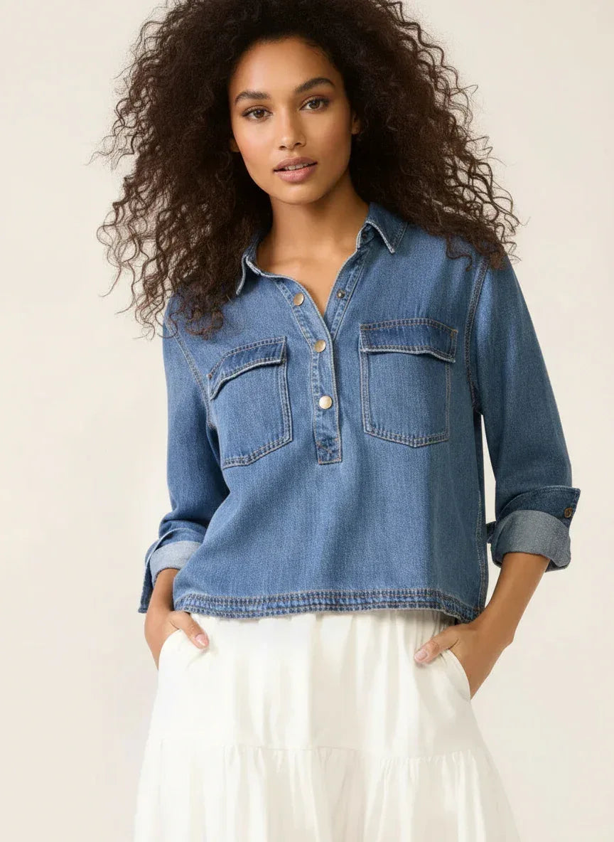 Daverri Fashions Half Snap Cropped Denim Top - DAVERRI FASHIONS