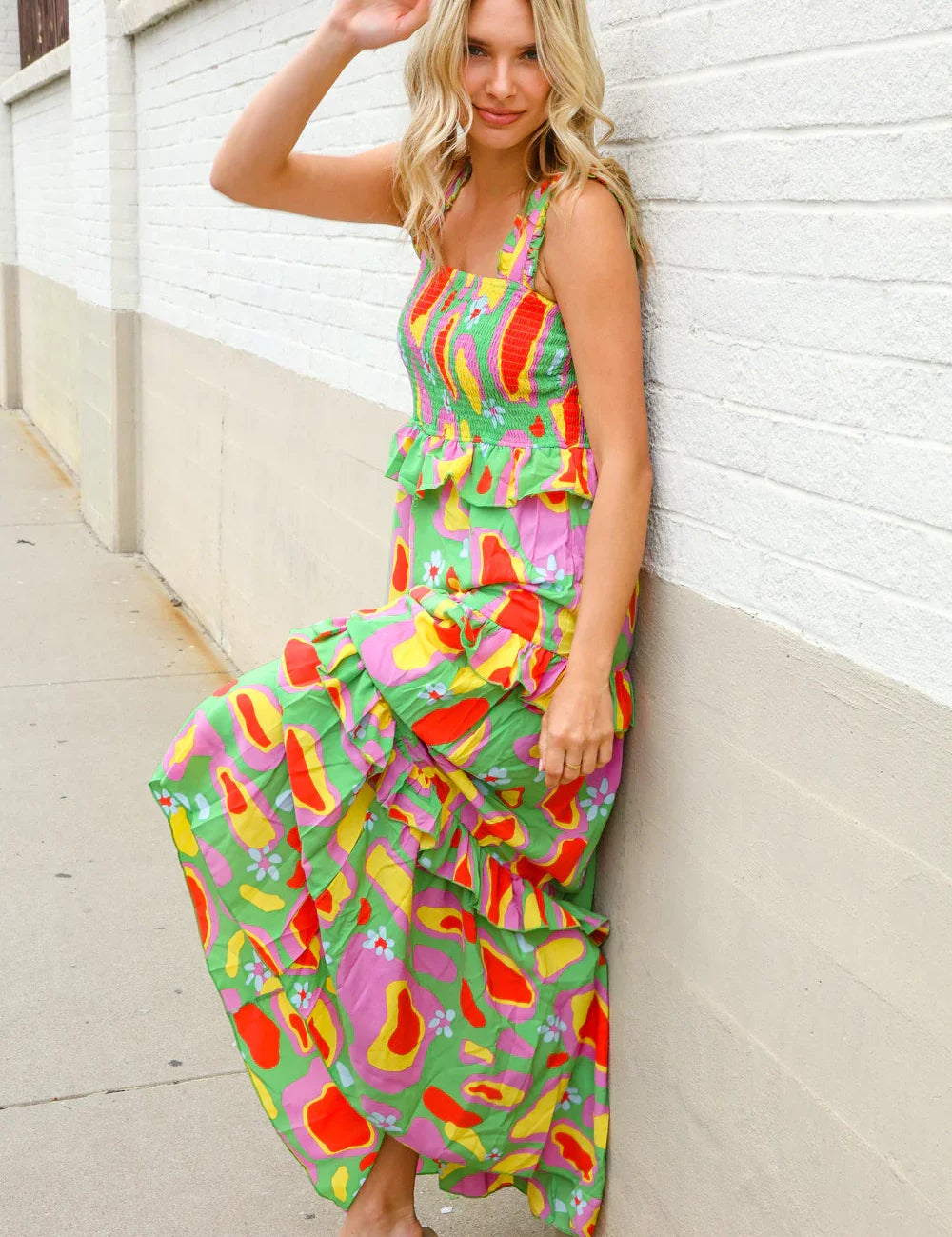 Sunny Days Abstract Print Tiered Ruffle Smocked Sleeveless Maxi | Daverri Fashions