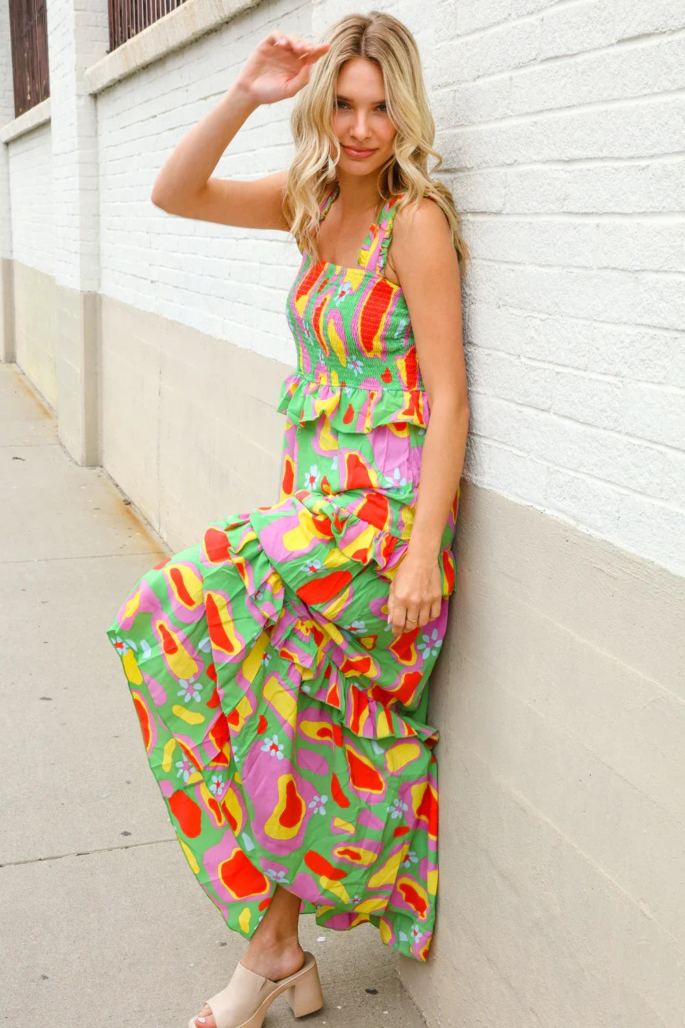 Sunny Days Abstract Print Tiered Ruffle Smocked Sleeveless Maxi | Daverri Fashions