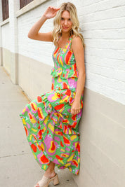 Sunny Days Abstract Print Tiered Ruffle Smocked Sleeveless Maxi | Daverri Fashions