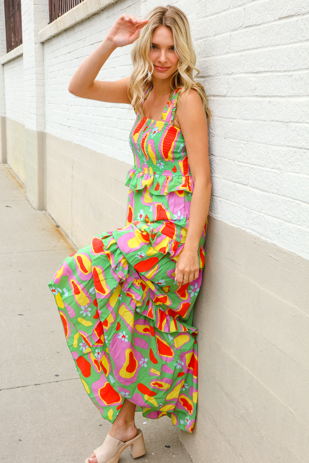 Sunny Days abstract print tiered ruffle smocked sleeveless maxi dress