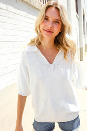 Lock Eyes White Pointelle Collar V Neck Short Sleeve Top | Daverri Fashions