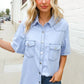 Casual Chic Blue Cotton Denim Snap Button Flap Pocket Top - DAVERRI FASHIONS