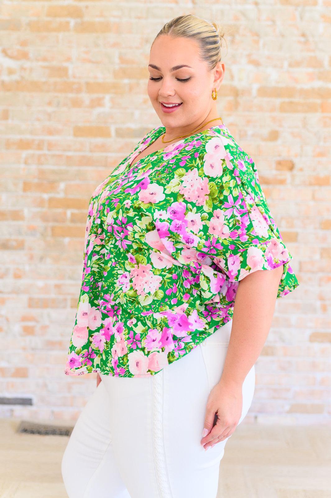 Emily Wonder Kelly Green V-Neck Floral Blouse Blouses