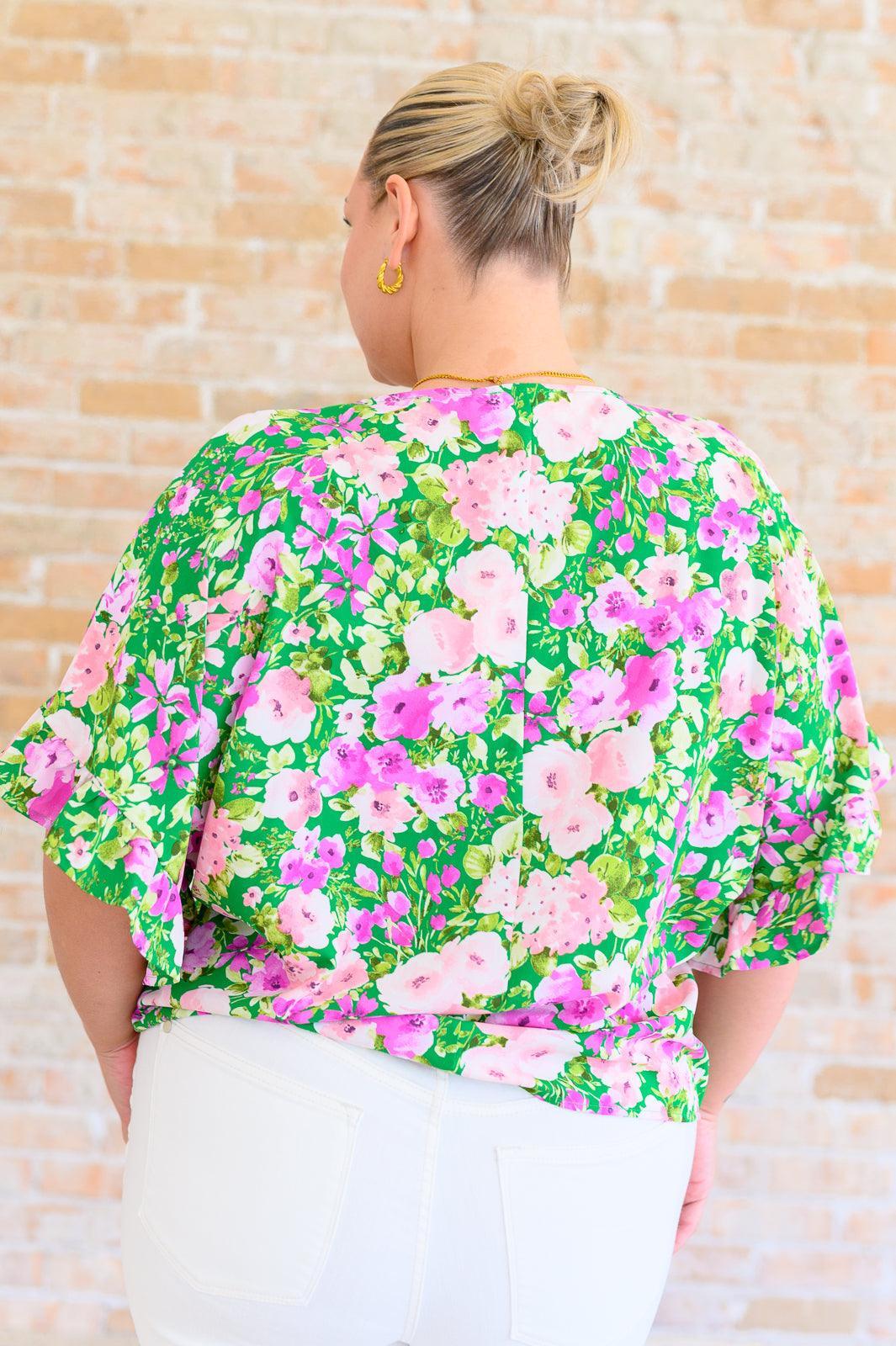 Emily Wonder Kelly Green V-Neck Floral Blouse Blouses