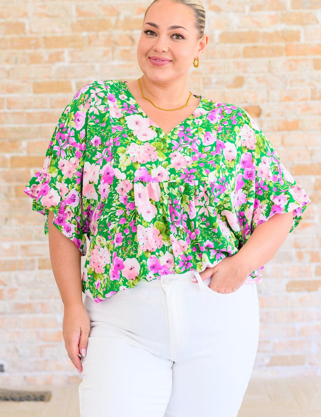 Kelly Green V-Neck Floral Blouse Shirts & Tops