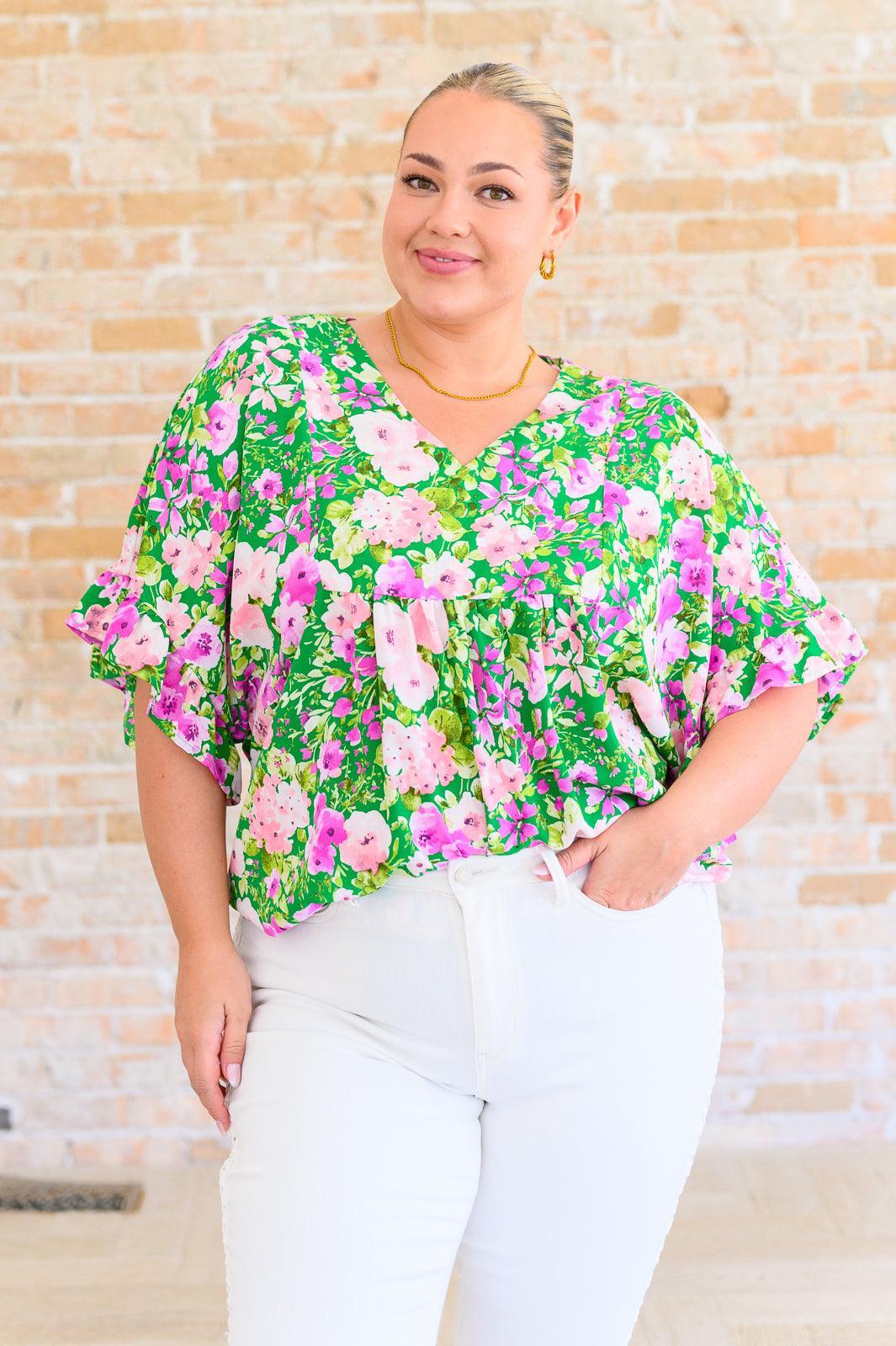 Emily Wonder Kelly Green V-Neck Floral Blouse Blouses