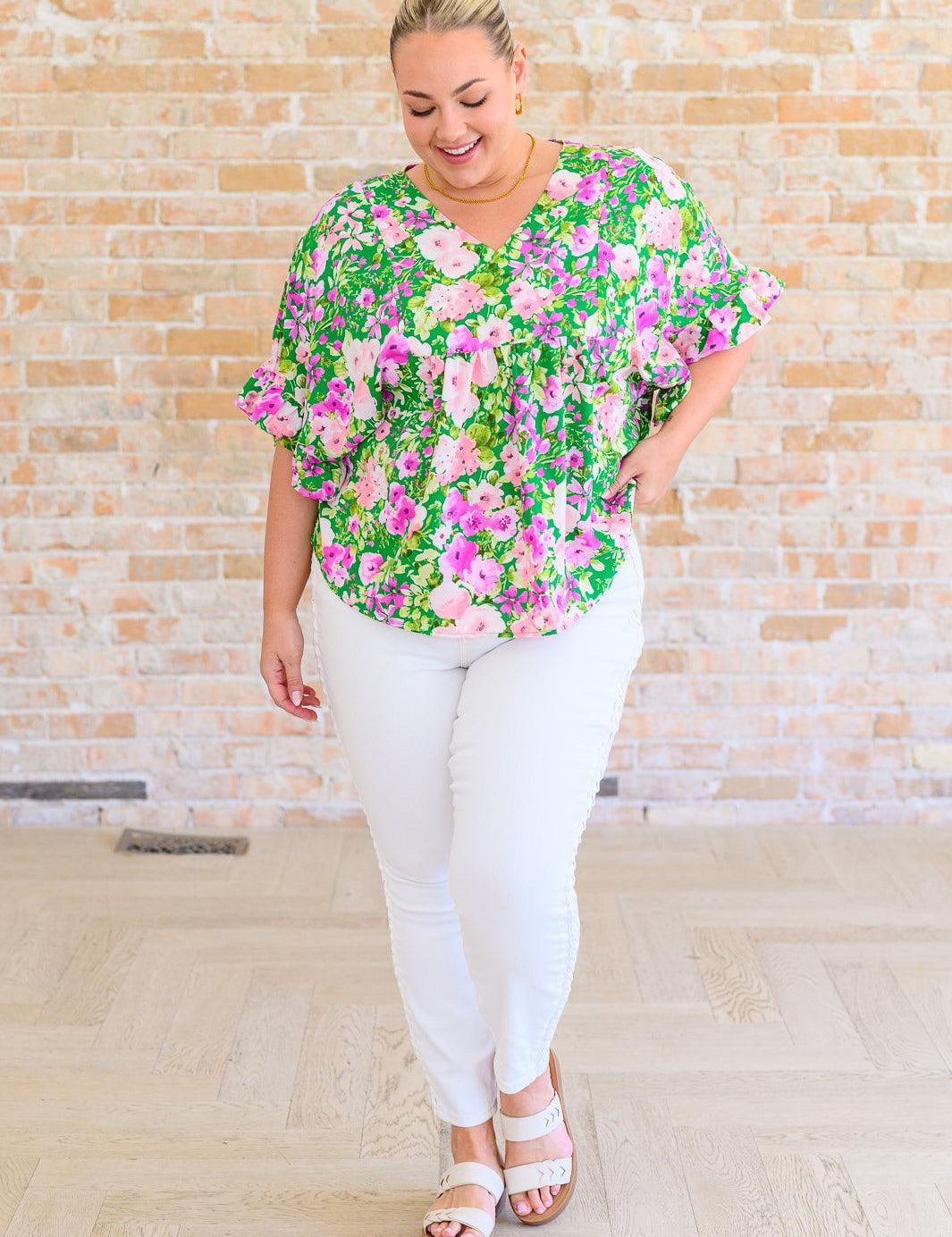 Kelly Green V-Neck Floral Blouse Shirts & Tops