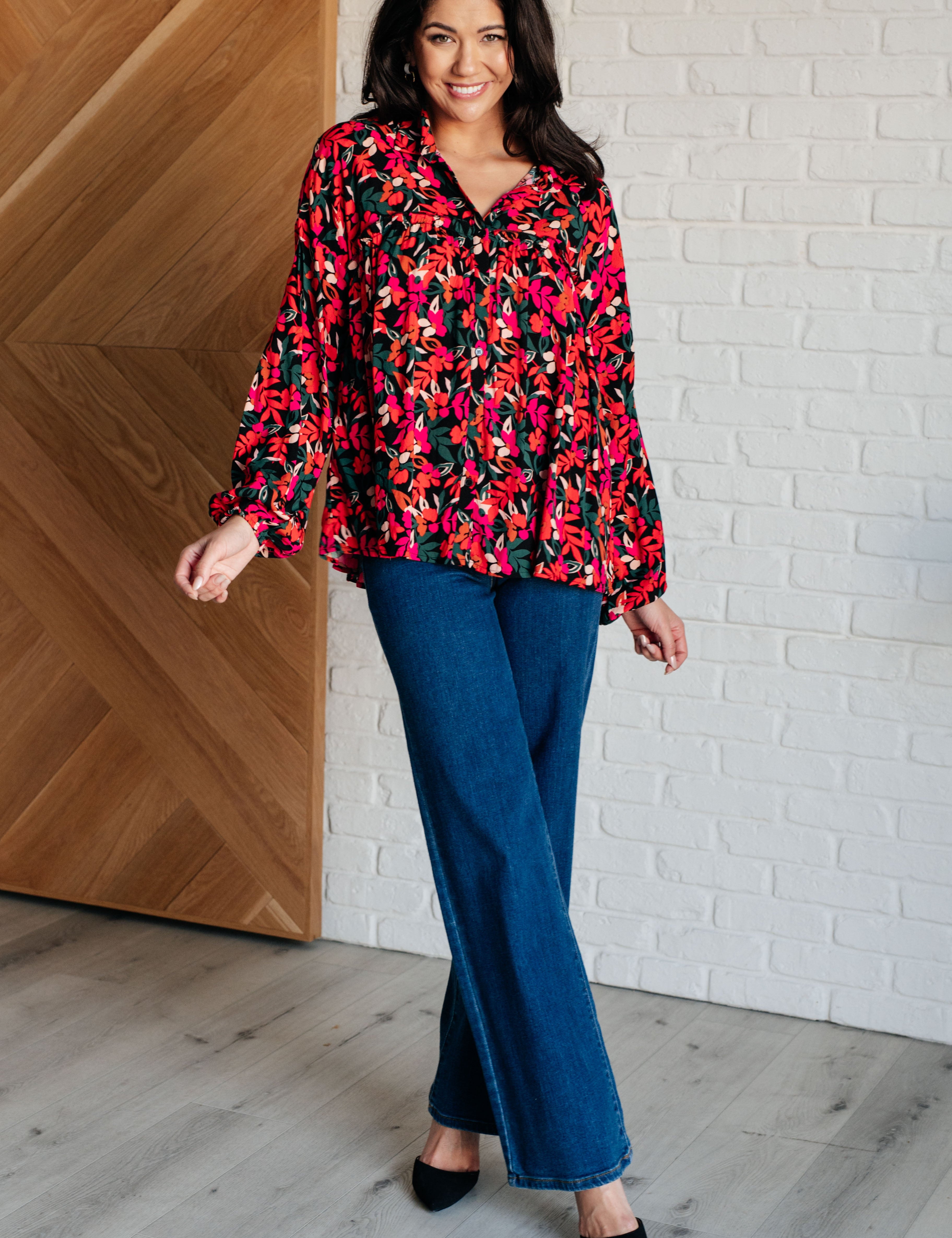 Francophile Ruffle Detail Button Up floral print blouse