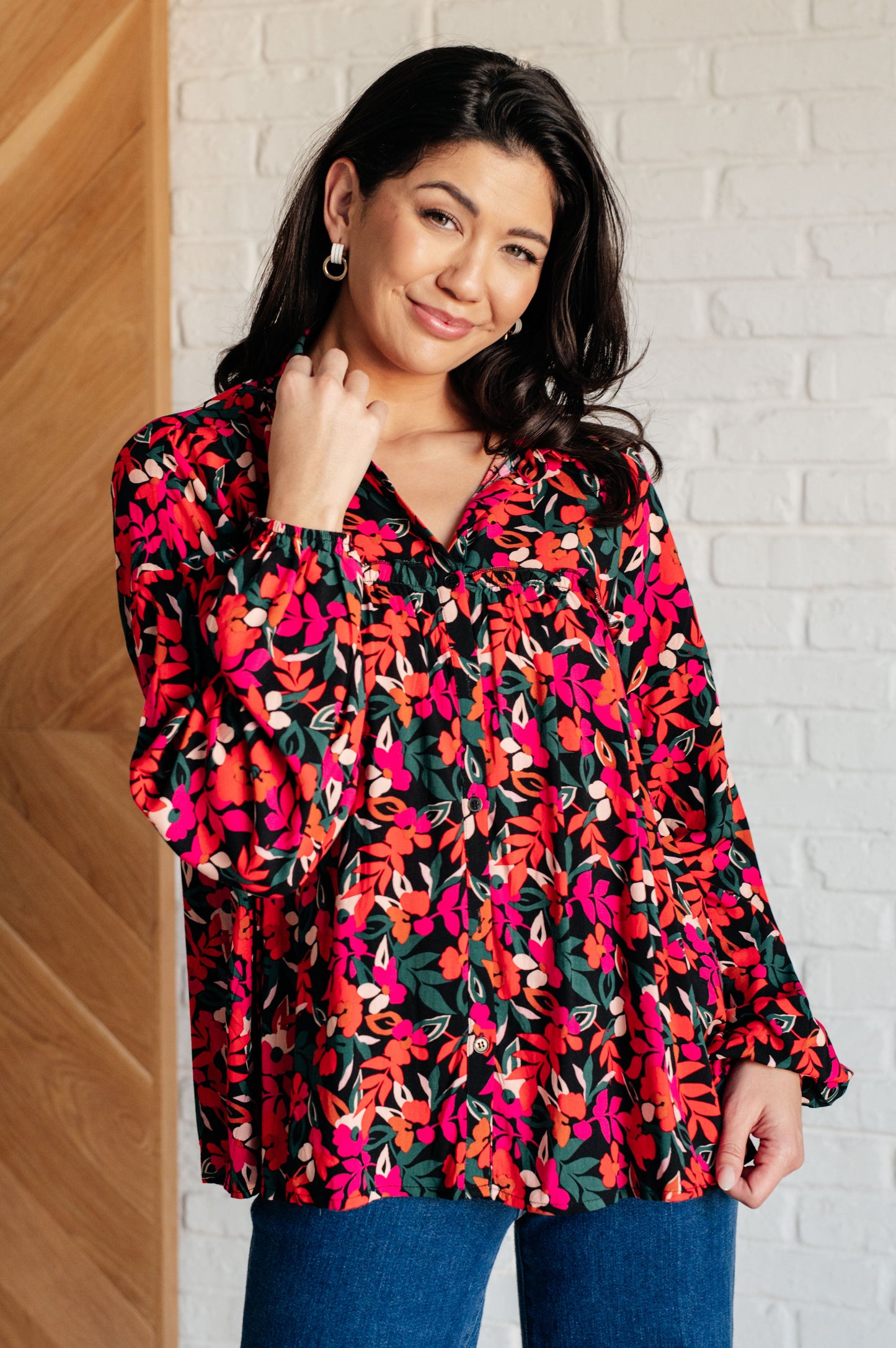 Francophile Ruffle Detail Button Up floral print blouse in vibrant colors