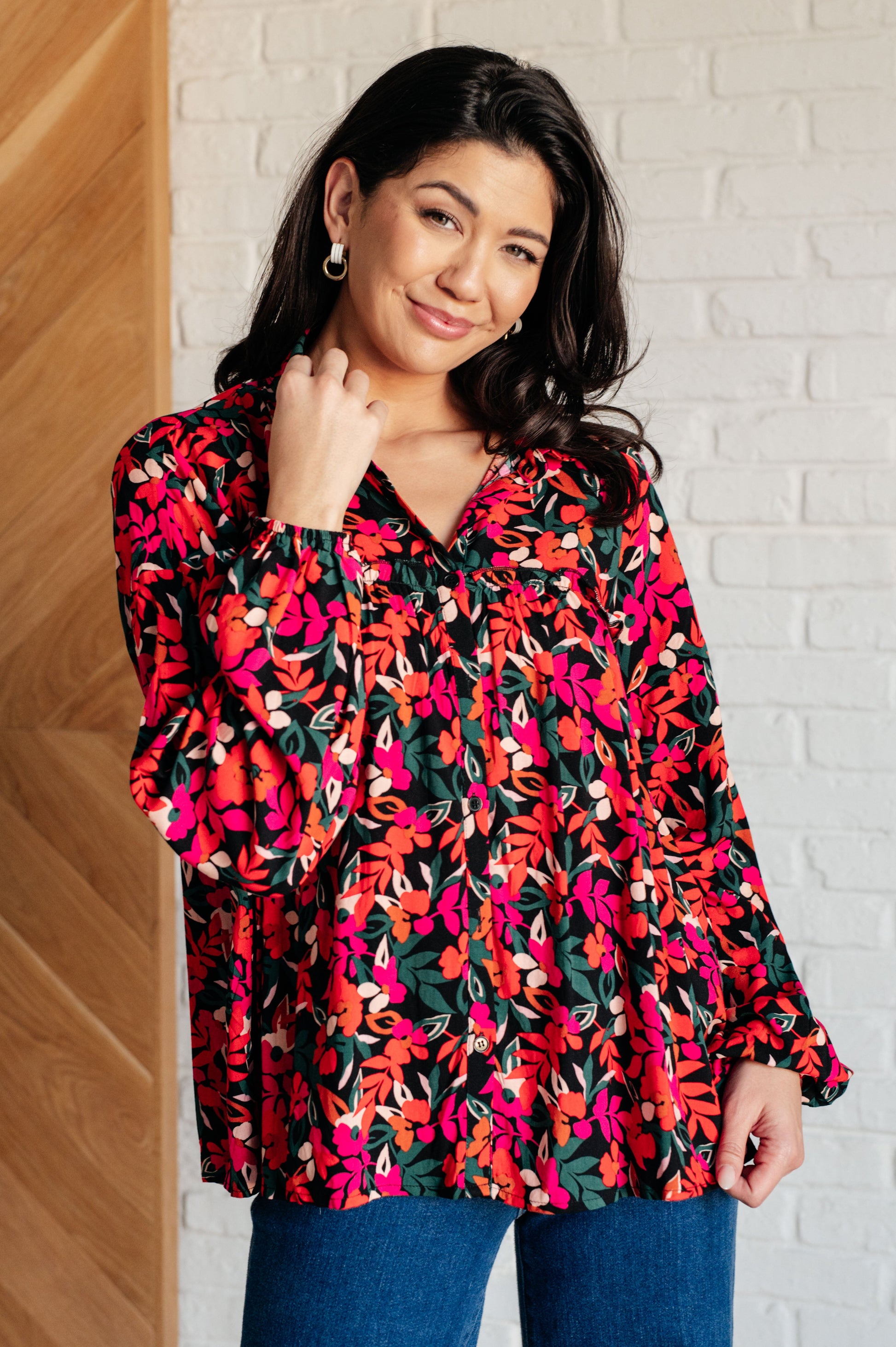 Francophile Ruffle Detail Button Up floral print blouse in vibrant colors