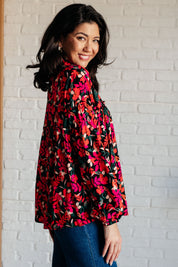 Francophile Ruffle Detail Button Up floral blouse with red black flowers