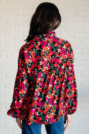 Francophile Ruffle Button-Up Floral Blouse in Pink Orange Green on Black