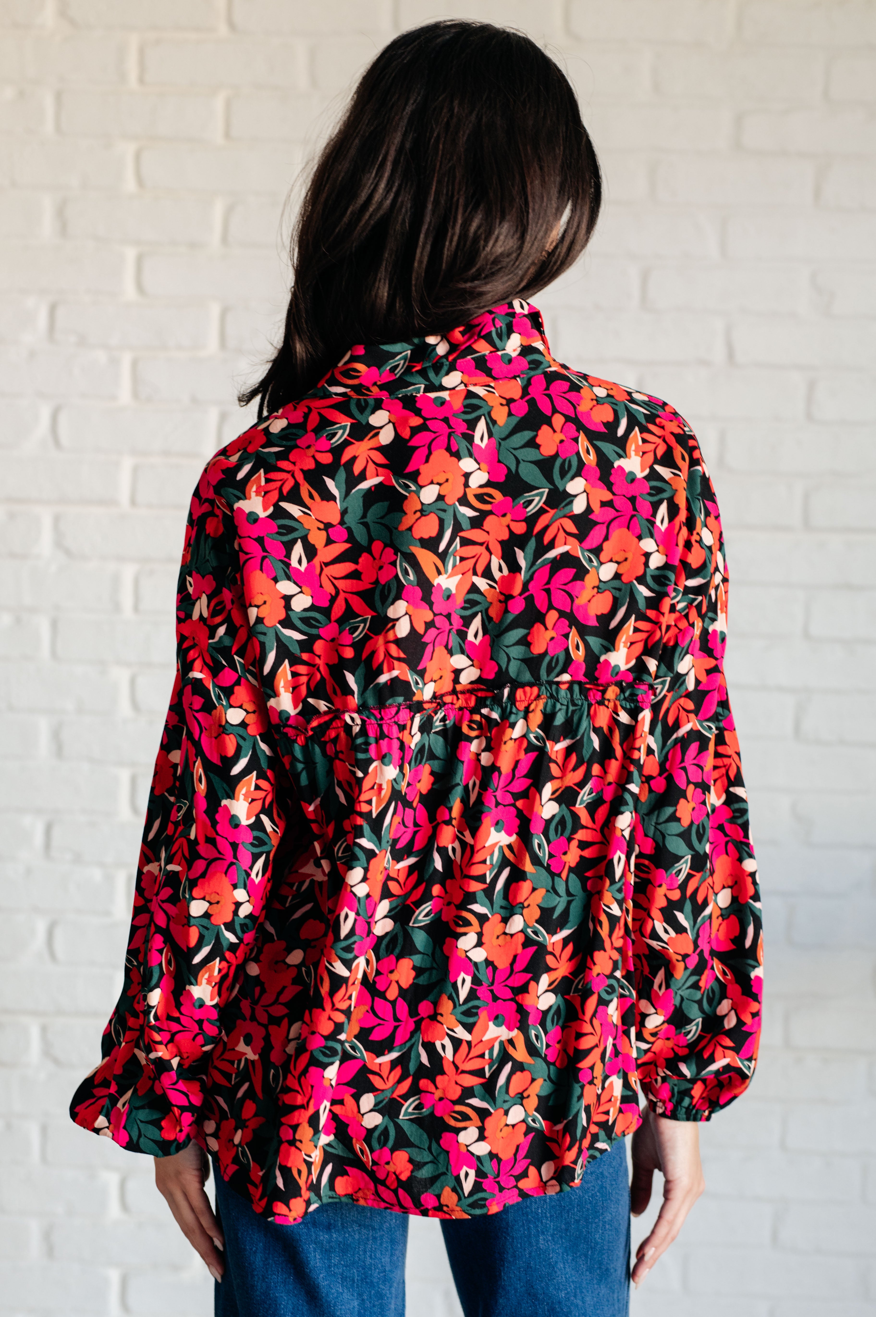 Francophile Ruffle Button-Up Floral Blouse in Pink Orange Green on Black