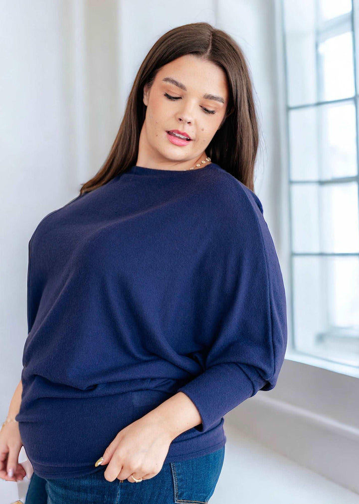 Batwing Sleeve Boatneck Top in Navy Shirts & Tops