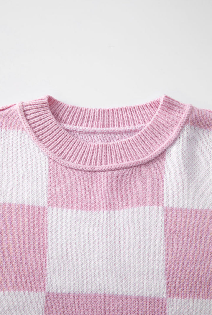 Checkered Exposed Seam Bishop Sleeve Sweater Tops