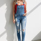 Daverri wide strap distressed denim overalls in blue with red top