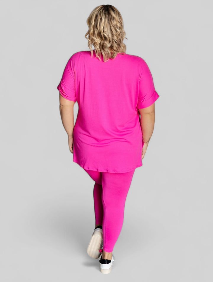 Neon Hot Pink Short Sleeve Loungewear Set Outfit Sets