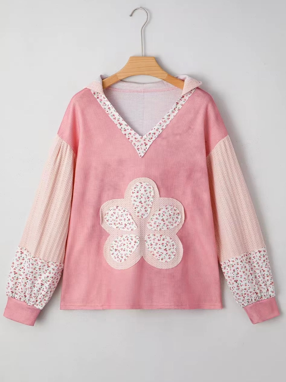 Floral Patch V-Neck Hooded Sweatshirt