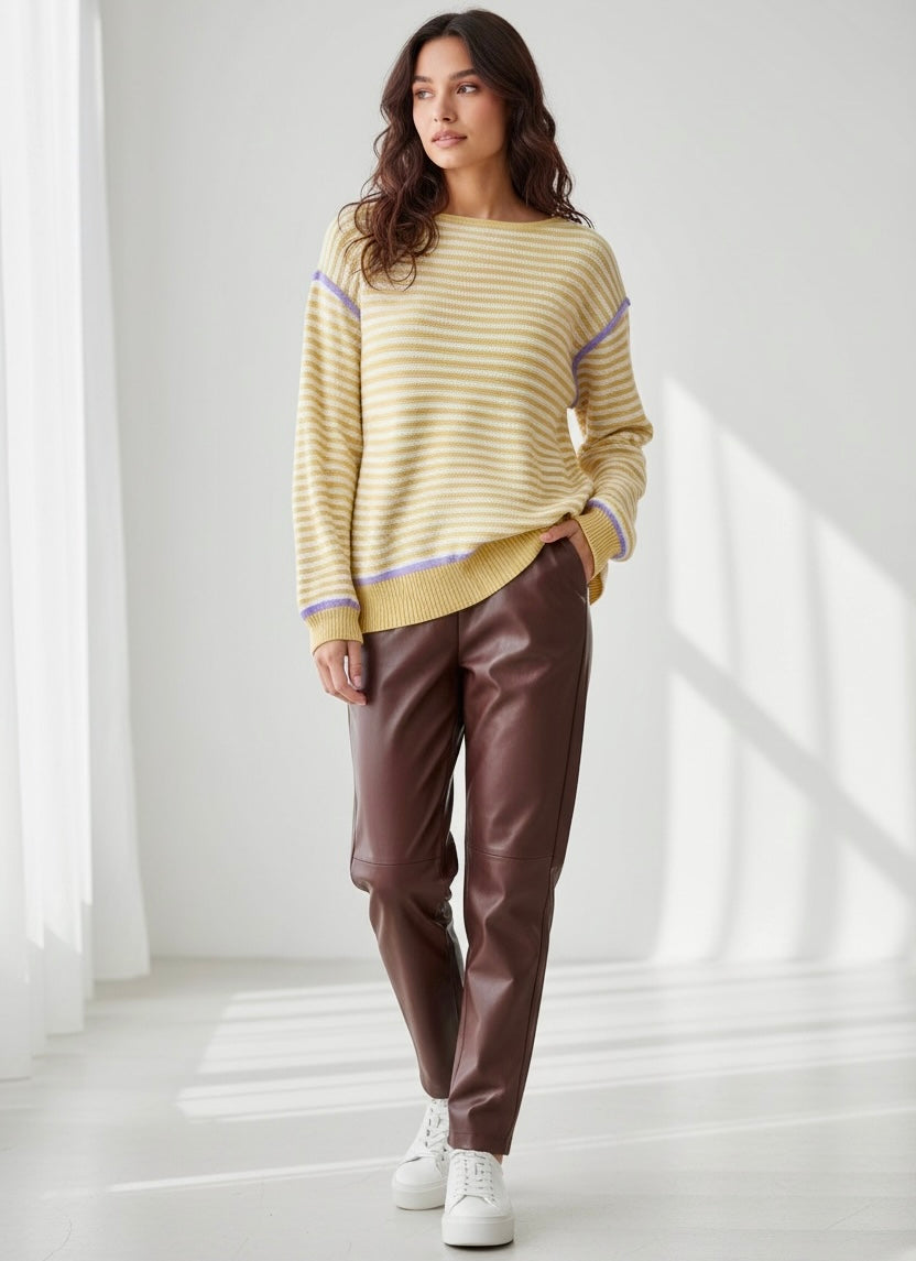 Daverri Striped Round Neck Long Sleeve Sweater