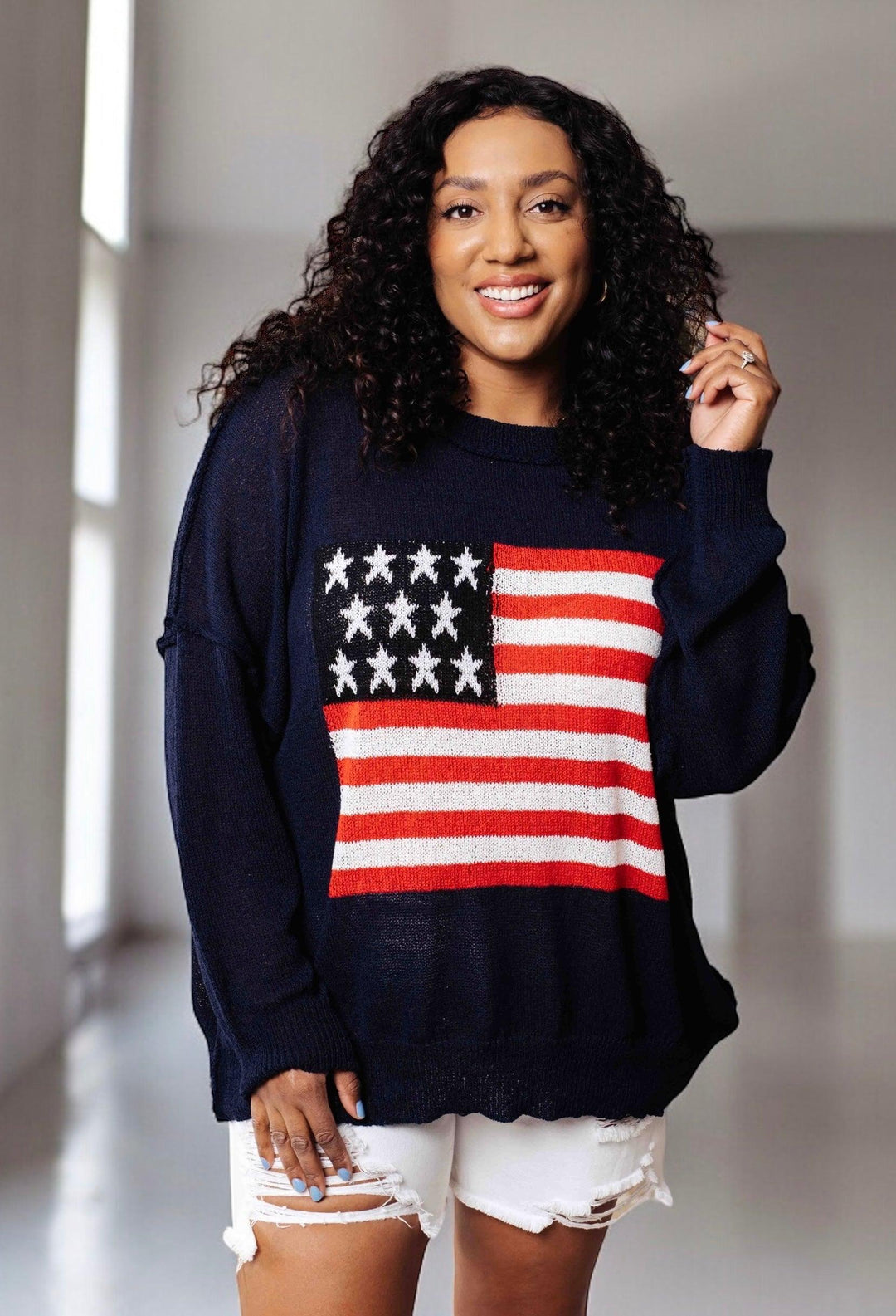 Lightweight American Flag Sweater Knit Pullover Shirts & Tops