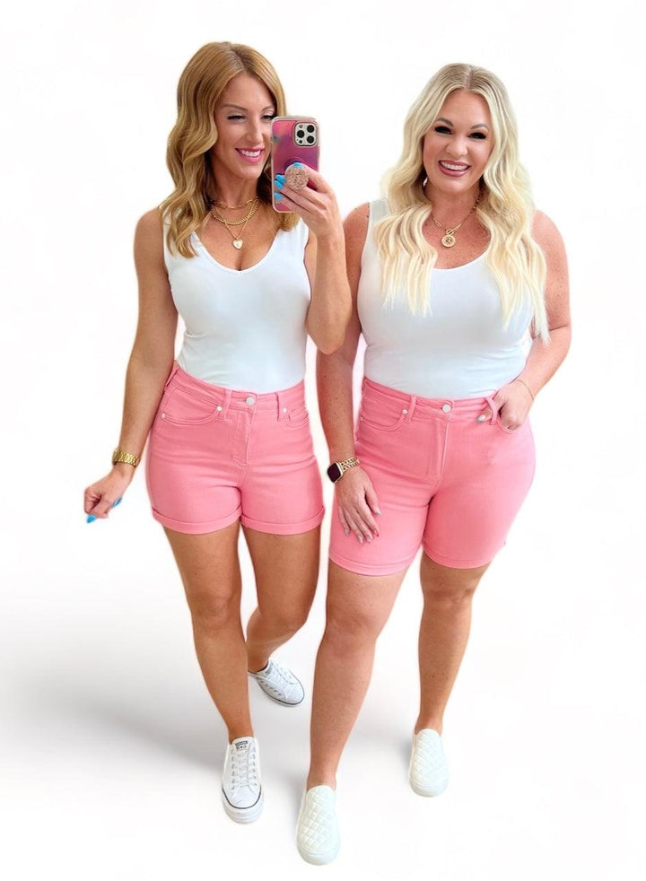 Judy Blue Pink High Rise Control Top Cuffed Shorts Shorts