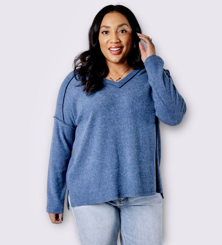 Dusty Blue Brushed Hacci Top Tops