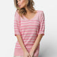 BiBi Stripe Short Sleeves Collared V Neck pink striped sweater