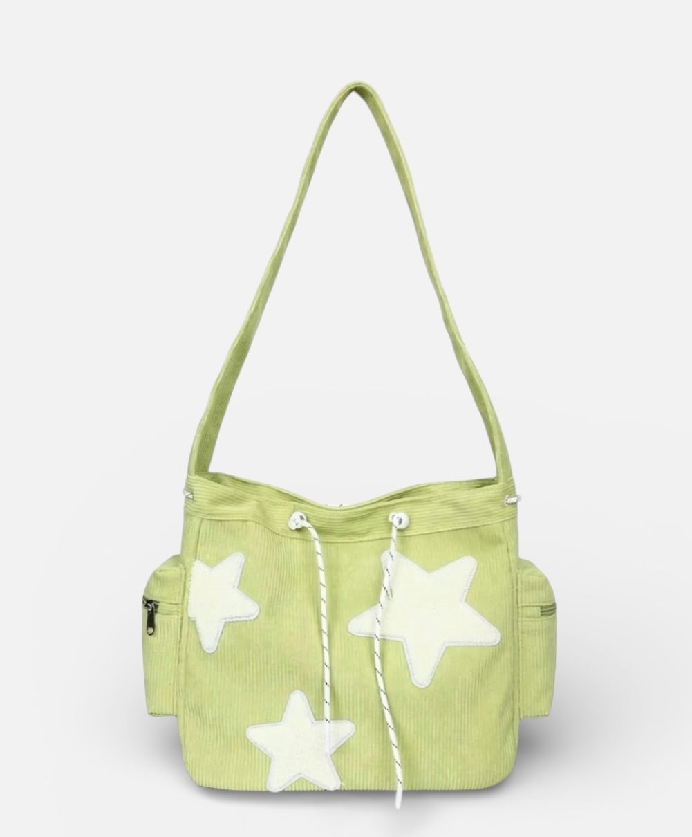 Light green corduroy star applique crossbody bag with drawstring