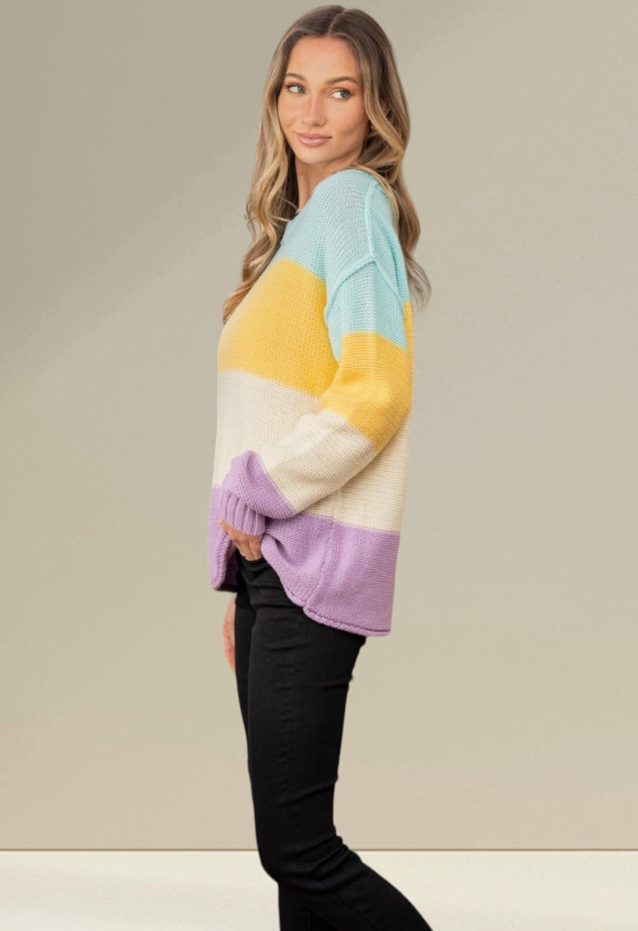 Full Size Color Block Exposed Seam Sweater Tops